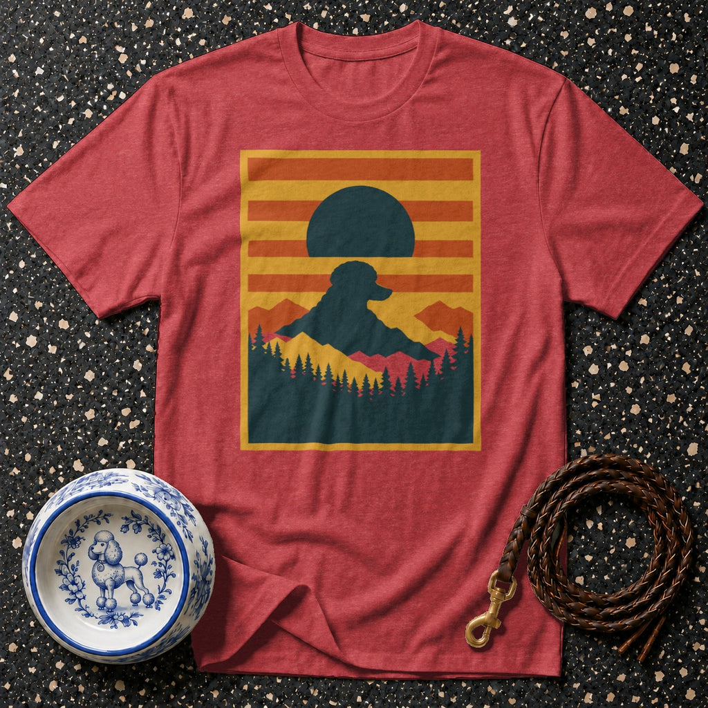 Red t-shirt with a mountain landscape and poodle silhouette graphic.