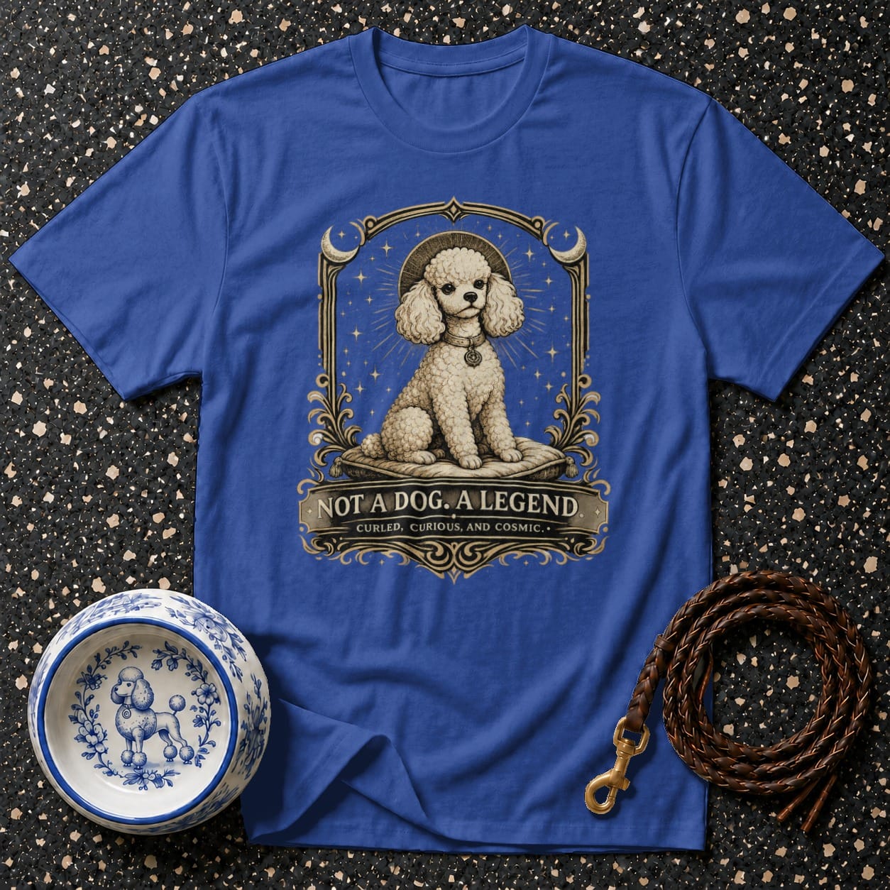 Blue t-shirt with poodle illustration and text "NOT A DOG. A LEGEND."