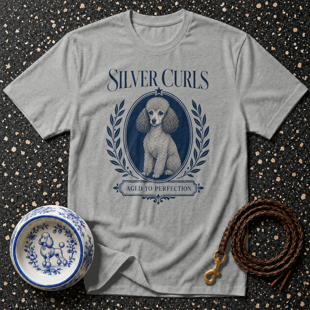 Grey t-shirt with "Silver Curls" and poodle illustration.