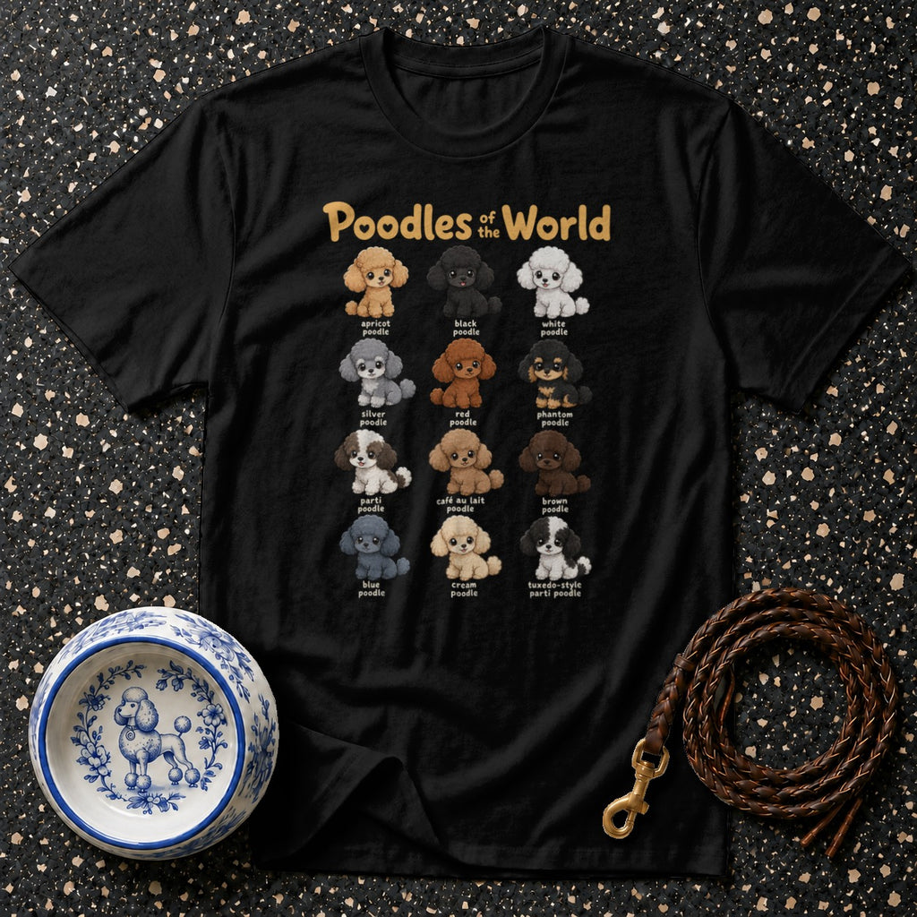 Black t-shirt with "Poodles of the World" and illustrations of various poodle colors.