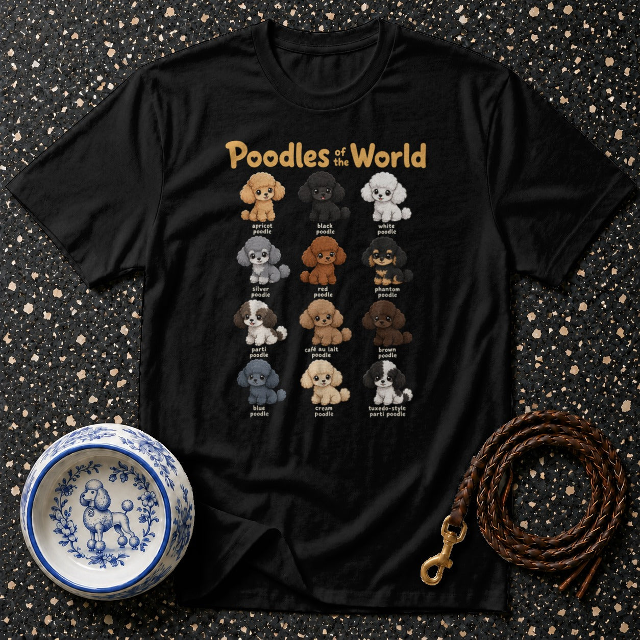 Black t-shirt with "Poodles of the World" and illustrations of various poodle colors.