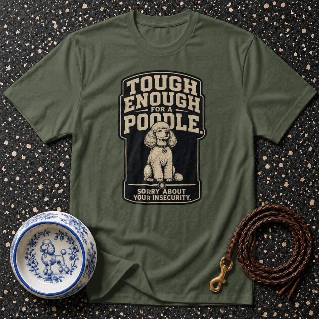 Green t-shirt with "Tough Enough For a Poodle" graphic and poodle drawing.