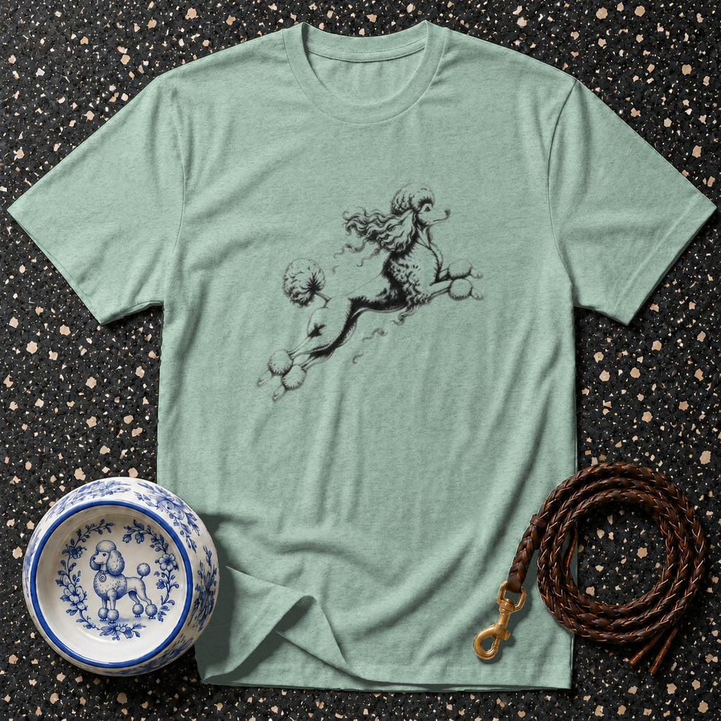 Mint green t-shirt with a black line drawing of a jumping poodle.