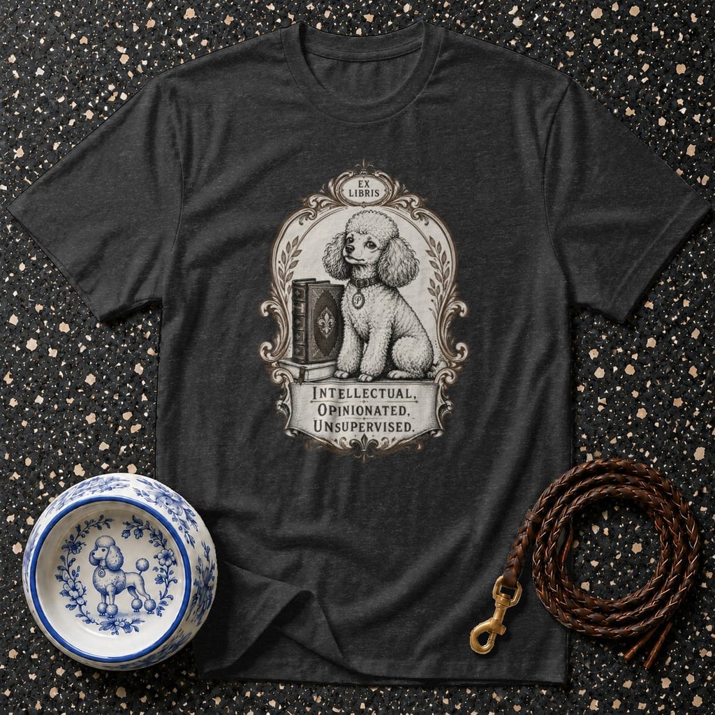 Dark gray t-shirt with antique illustration of poodle reading "EX LIBRIS" by books.