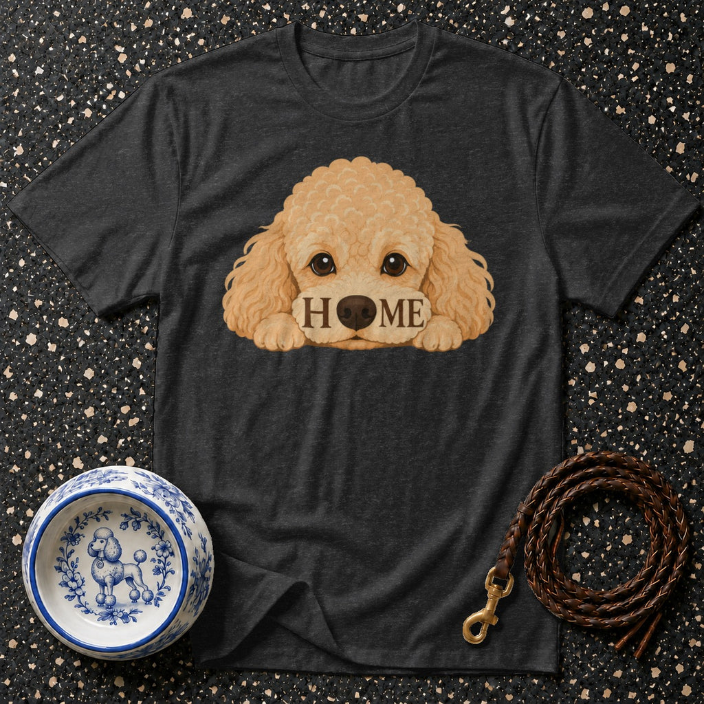 T-shirt with a fluffy dog graphic and the word HOME on its muzzle.
