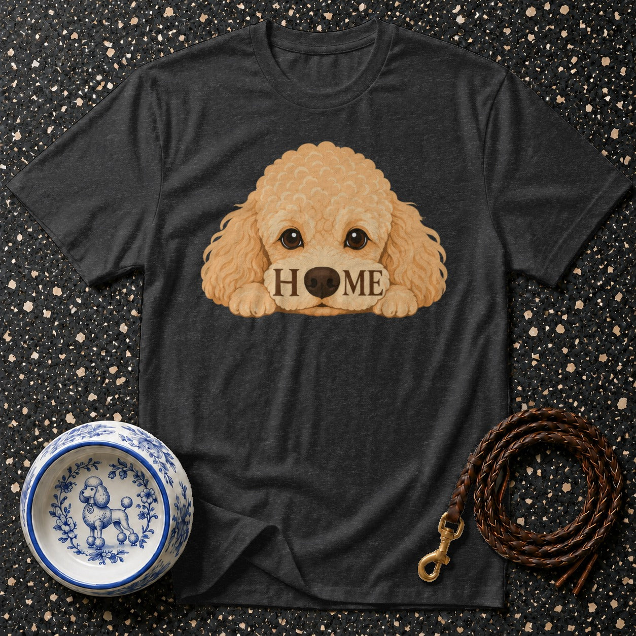 T-shirt with a fluffy dog graphic and the word HOME on its muzzle.