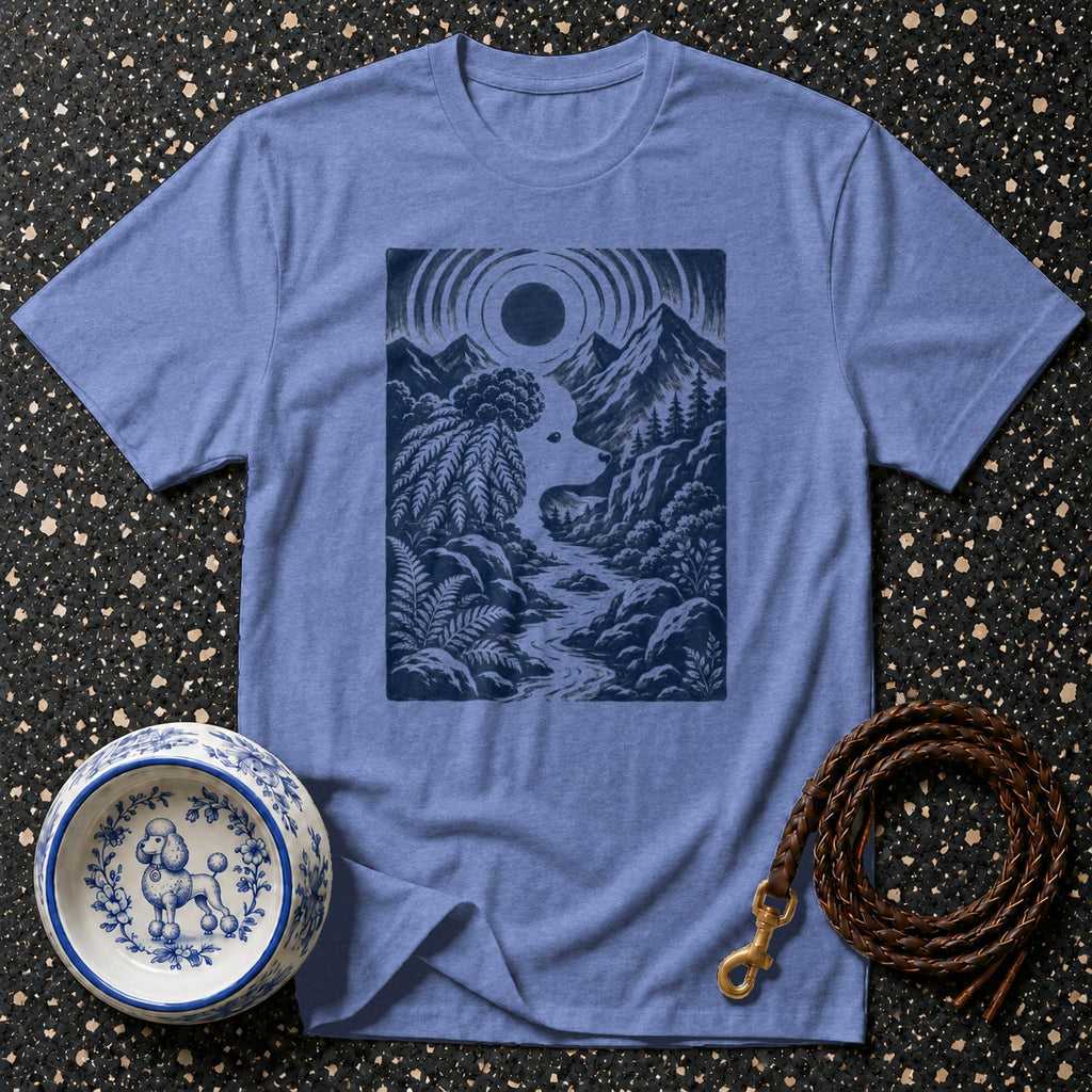 Blue t-shirt with a dark blue nature scene print, pet bowl, and leash.