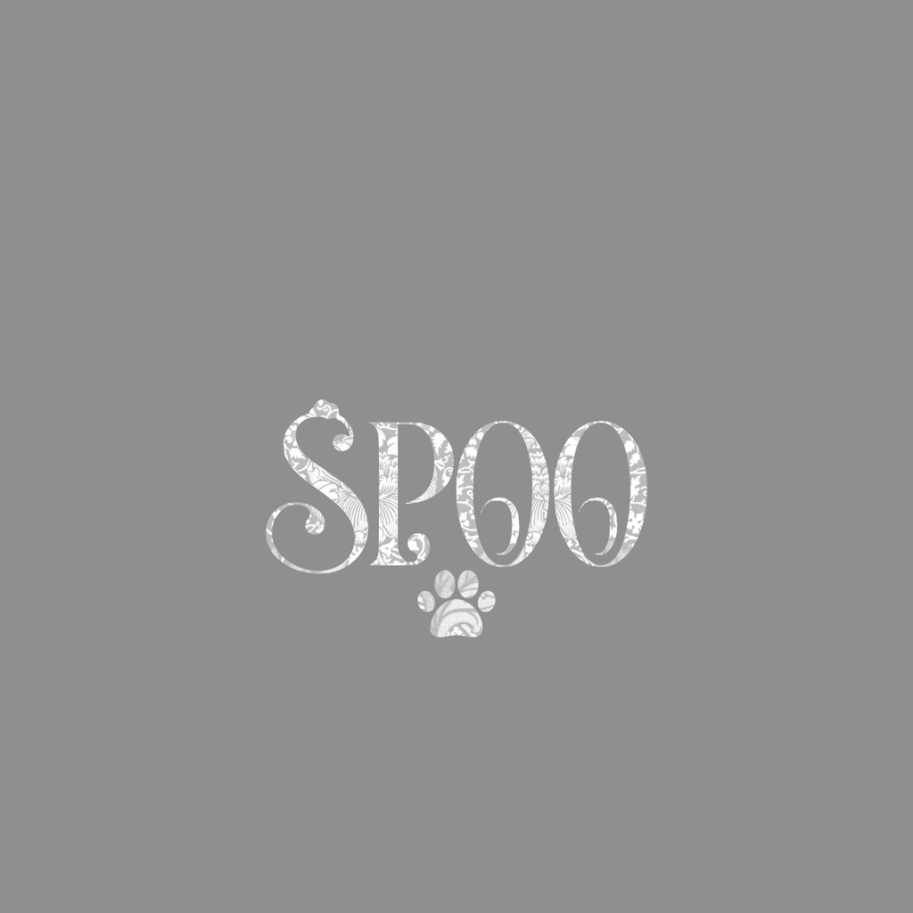 White SPOO text with floral pattern and a paw print icon.