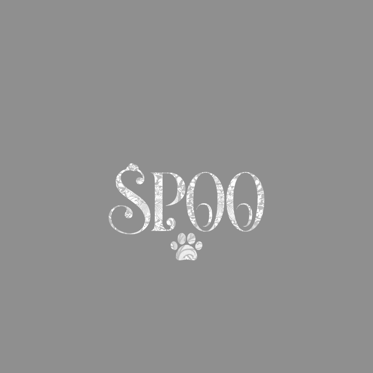 White SPOO text with floral pattern and a paw print icon.
