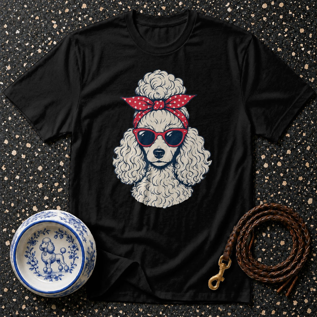 Black t-shirt with a stylized white poodle wearing a red polka-dot bandana and sunglasses.