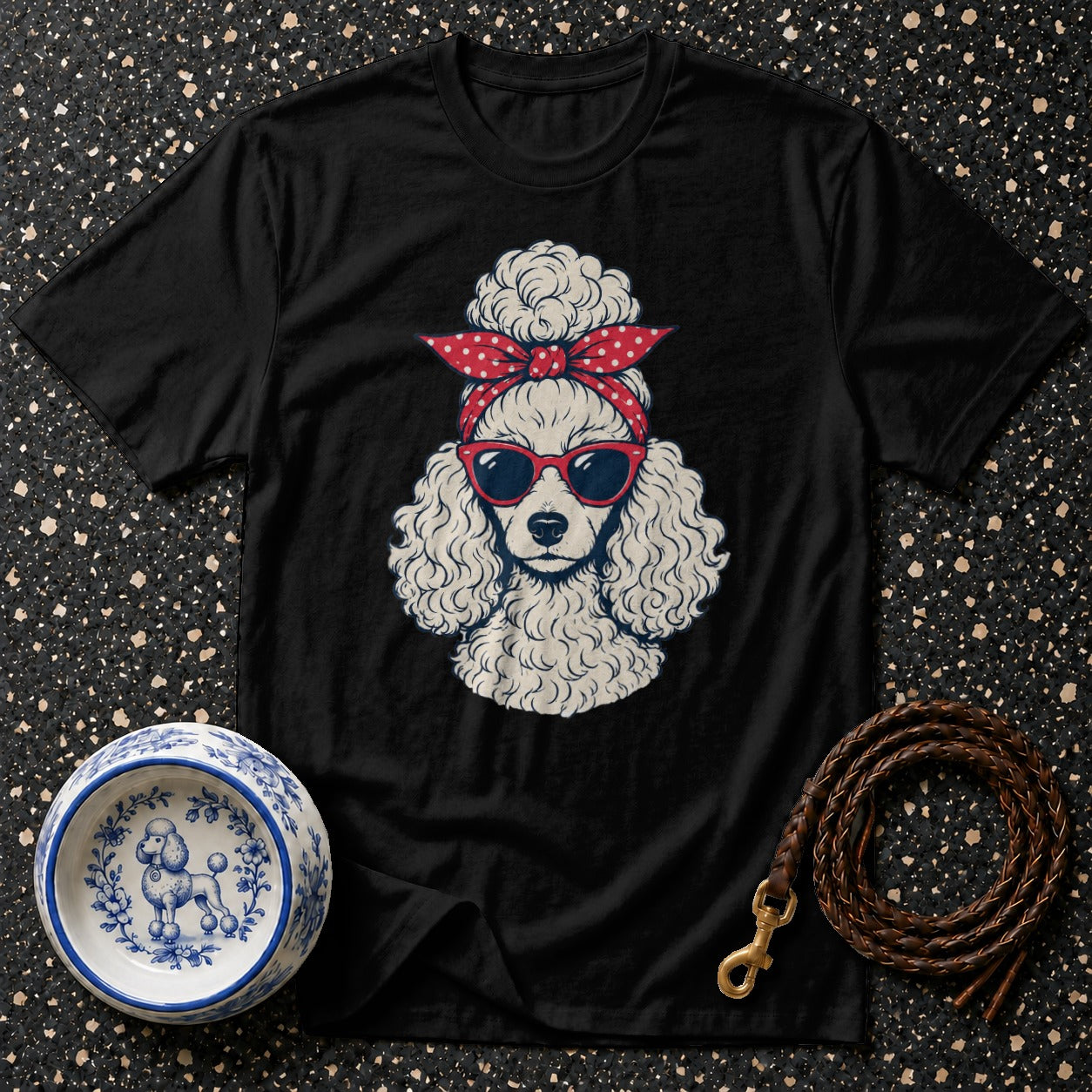 Black t-shirt with a stylized white poodle wearing a red polka-dot bandana and sunglasses.