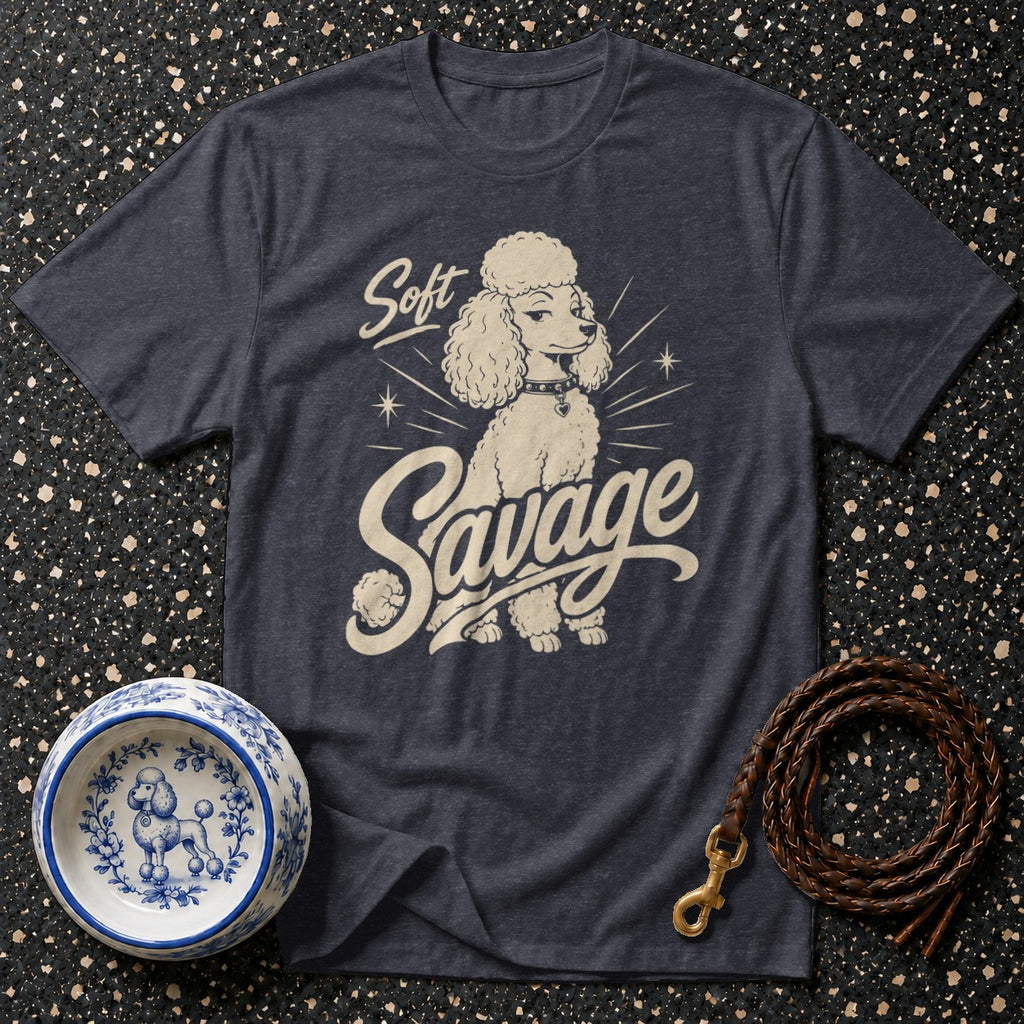 Dark t-shirt with "Soft Savage" poodle graphic, dog bowl, and leash.