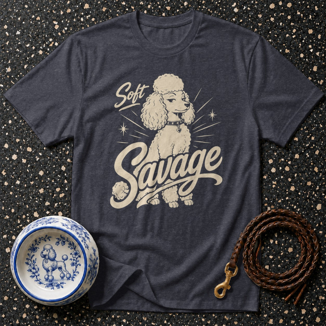 Dark t-shirt with "Soft Savage" poodle graphic, dog bowl, and leash.