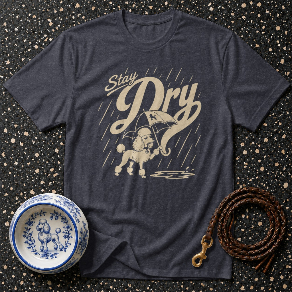 T-shirt with poodle under umbrella and "Stay Dry" text in beige.