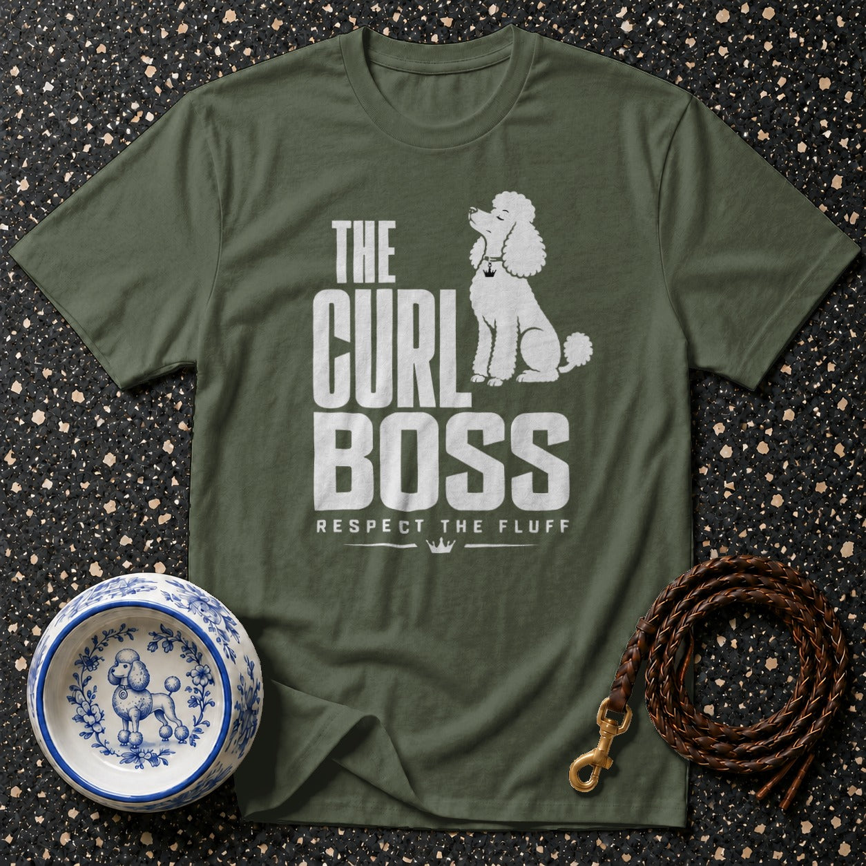 Green t-shirt with "The Curl Boss Respect The Fluff" and poodle design.