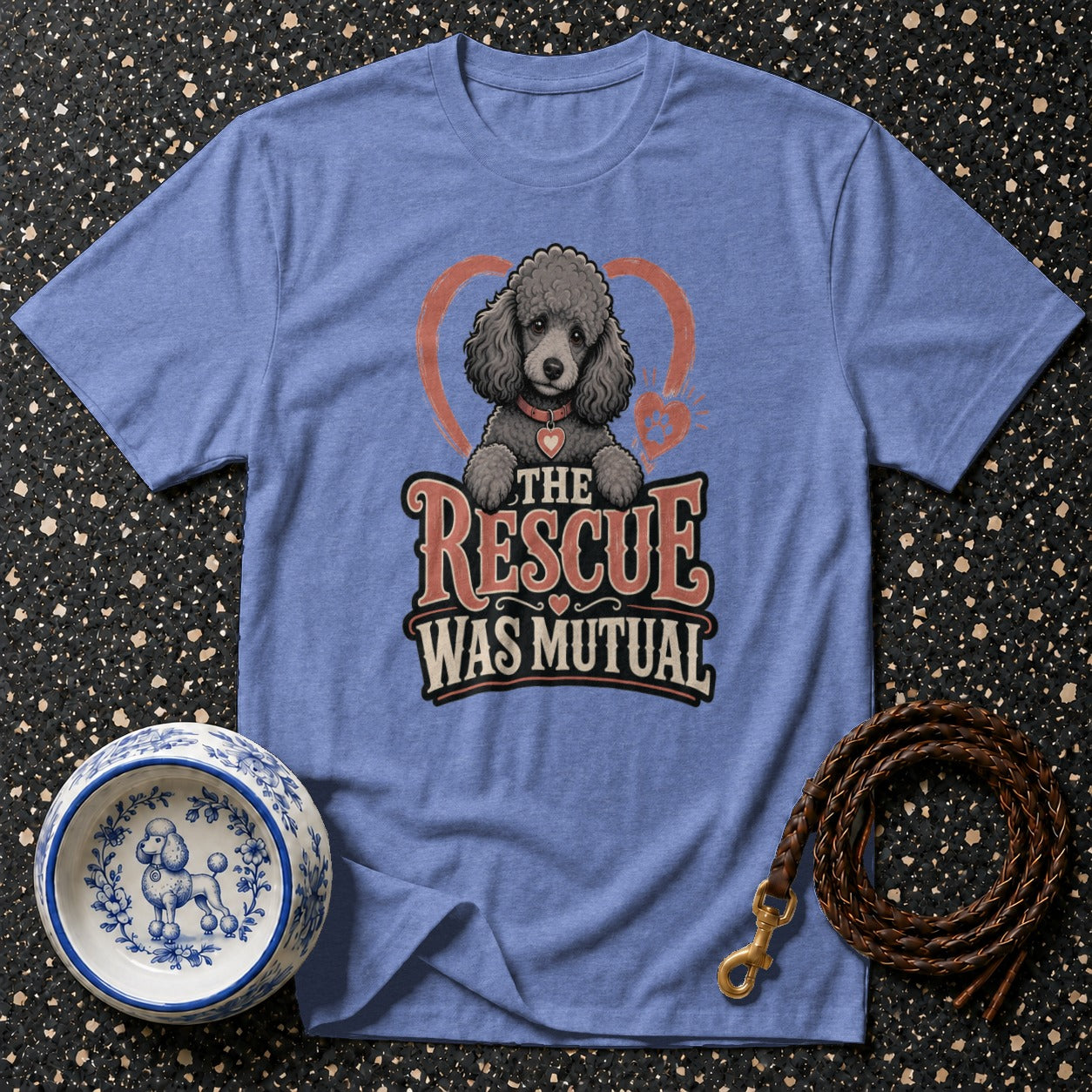 Blue t-shirt with a poodle graphic saying "The Rescue Was Mutual"
