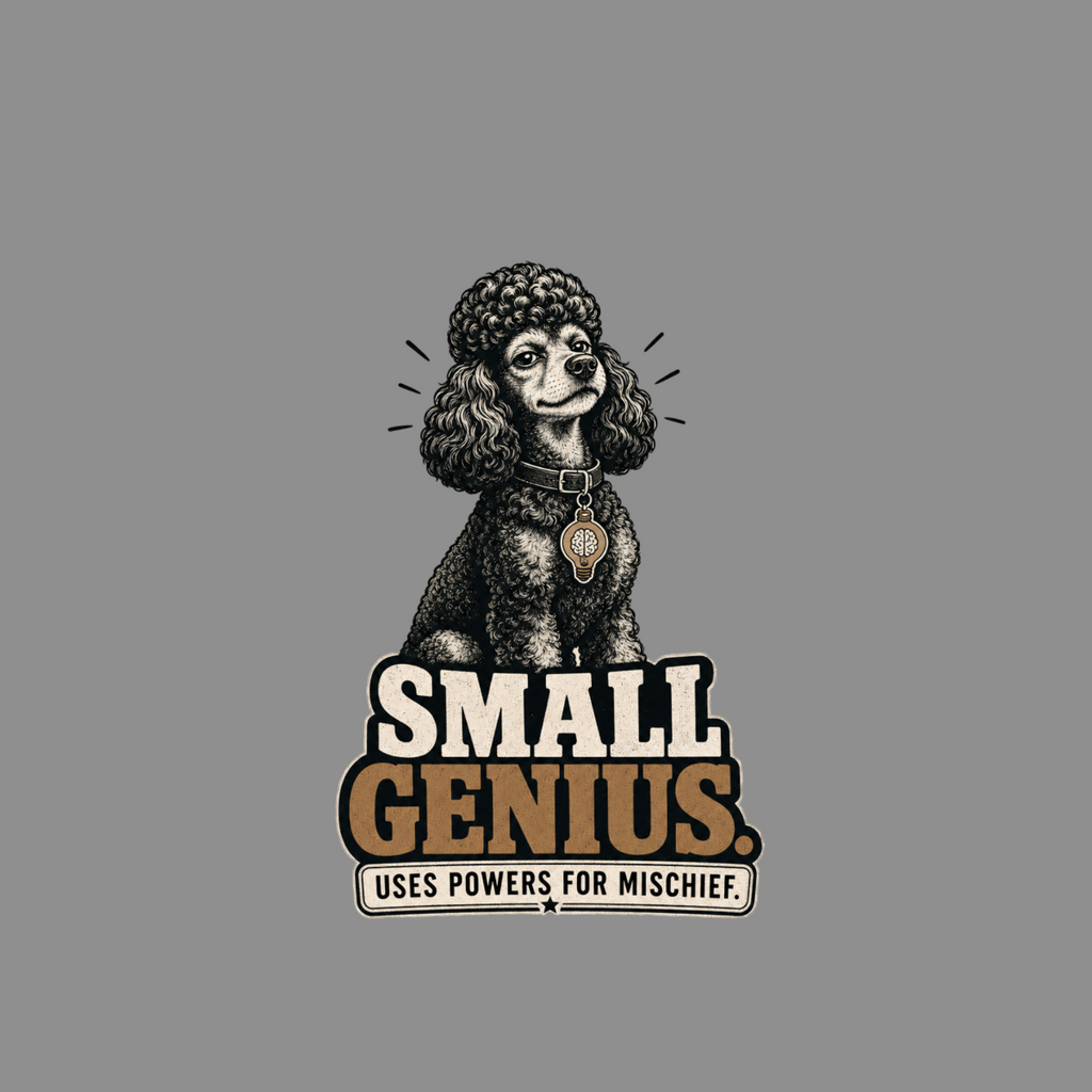 Poodle with light bulb charm and text "SMALL GENIUS USES POWERS FOR MISCHIEF".
