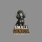 Poodle with light bulb charm and text "SMALL GENIUS USES POWERS FOR MISCHIEF".