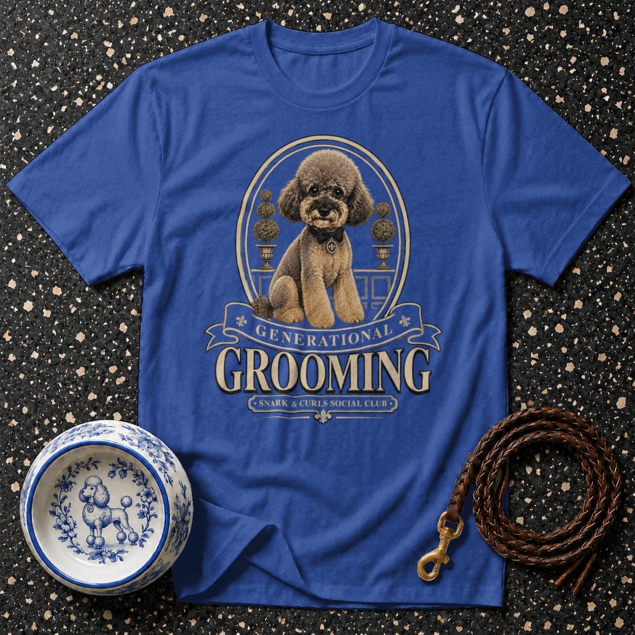 Blue t-shirt with poodle graphic and text "GENERATIONAL GROOMING".
