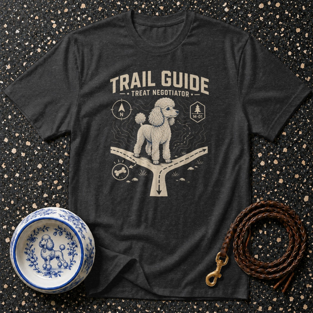 T-shirt with a poodle graphic, "Trail Guide Treat Negotiator" text, and path graphic.