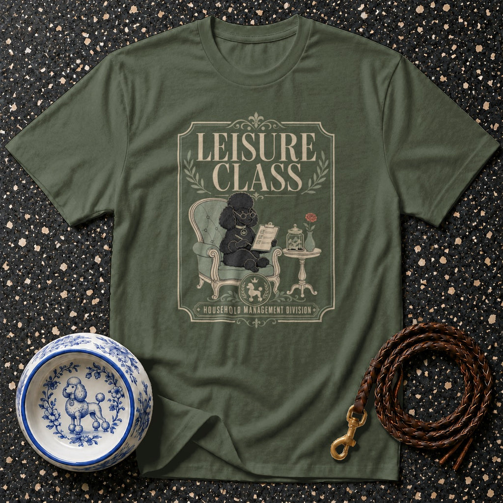 Green t-shirt with "Leisure Class" and poodle in armchair graphic.