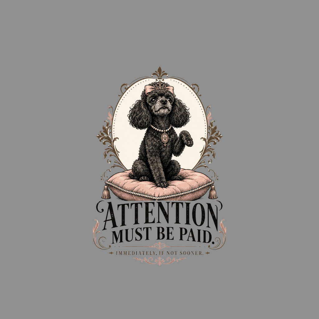 Black poodle wearing crown and pearls on pillow with text "ATTENTION MUST BE PAID".