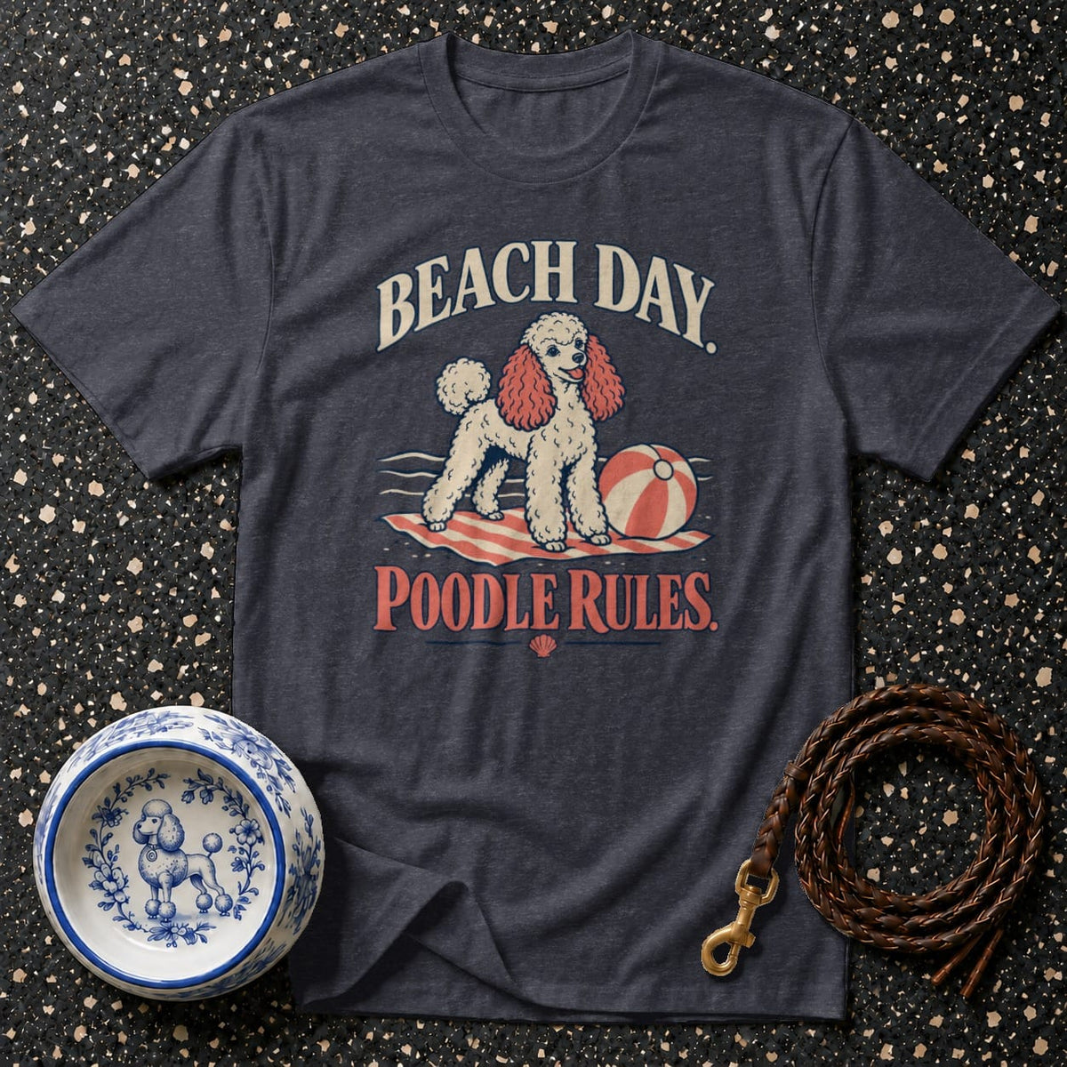 Dark t-shirt with "Beach Day Poodle Rules" graphic featuring a poodle on a beach towel.