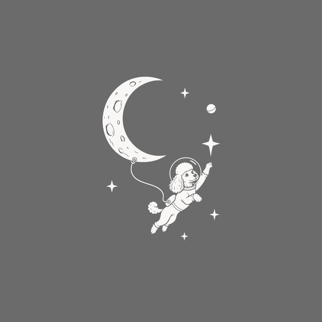 White poodle in astronaut suit floating towards a crescent moon and stars.