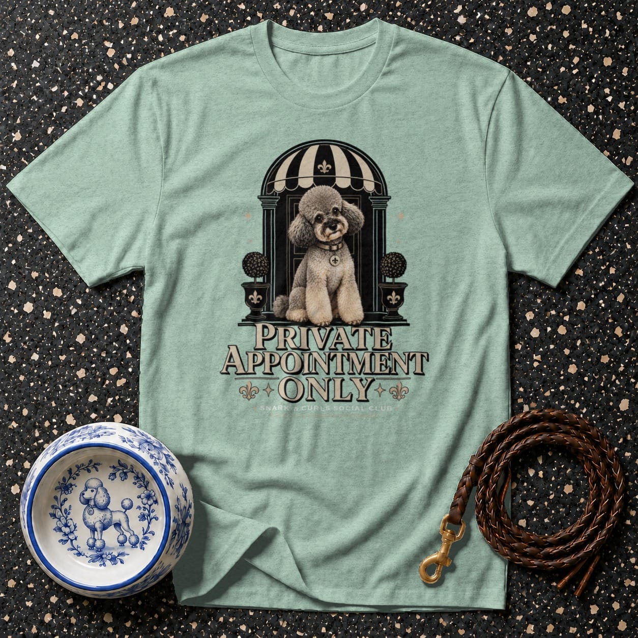 Light blue t-shirt with poodle art and "Private Appointment Only" text.