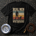 Black t-shirt with text "Real men walk miniature poodles with confidence."