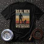 Black t-shirt with text "Real men walk miniature poodles with confidence."