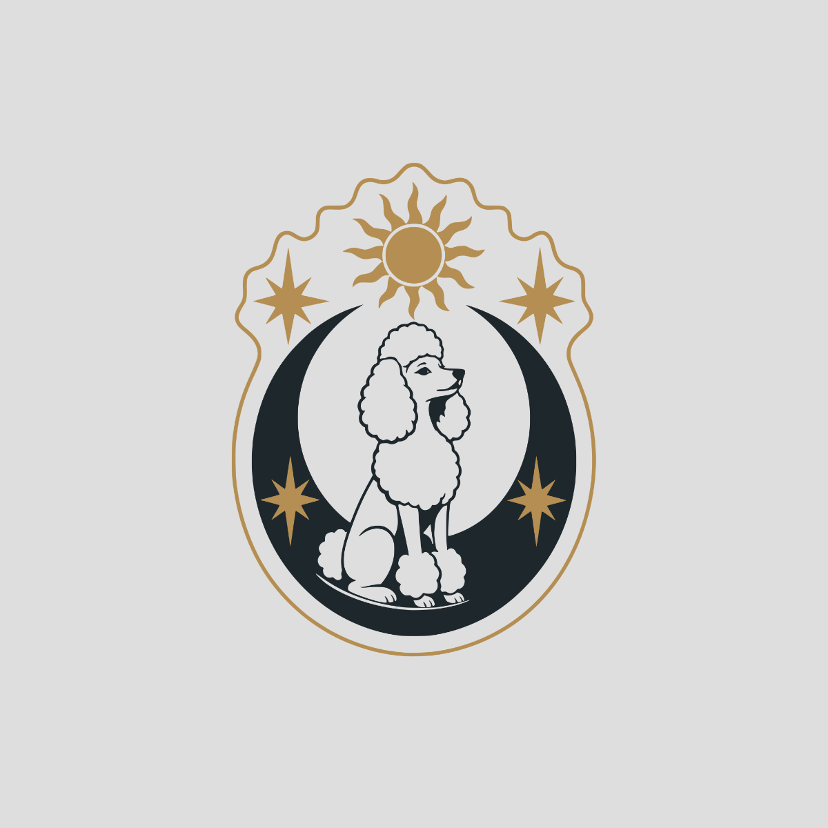 Poodle sitting on moon with sun and stars, inside an ornate crest.