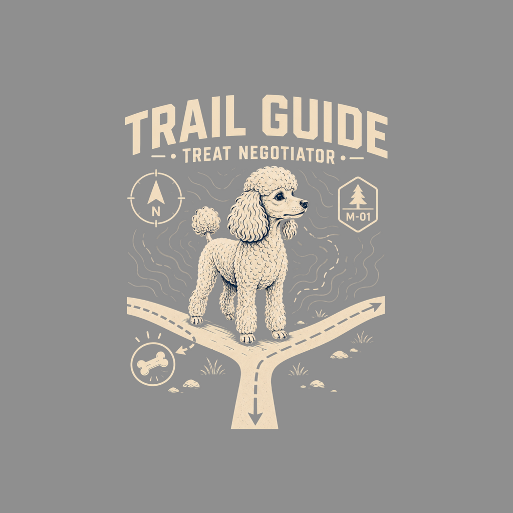 Poodle at a fork in the road with "Trail Guide" and "Treat Negotiator" text.