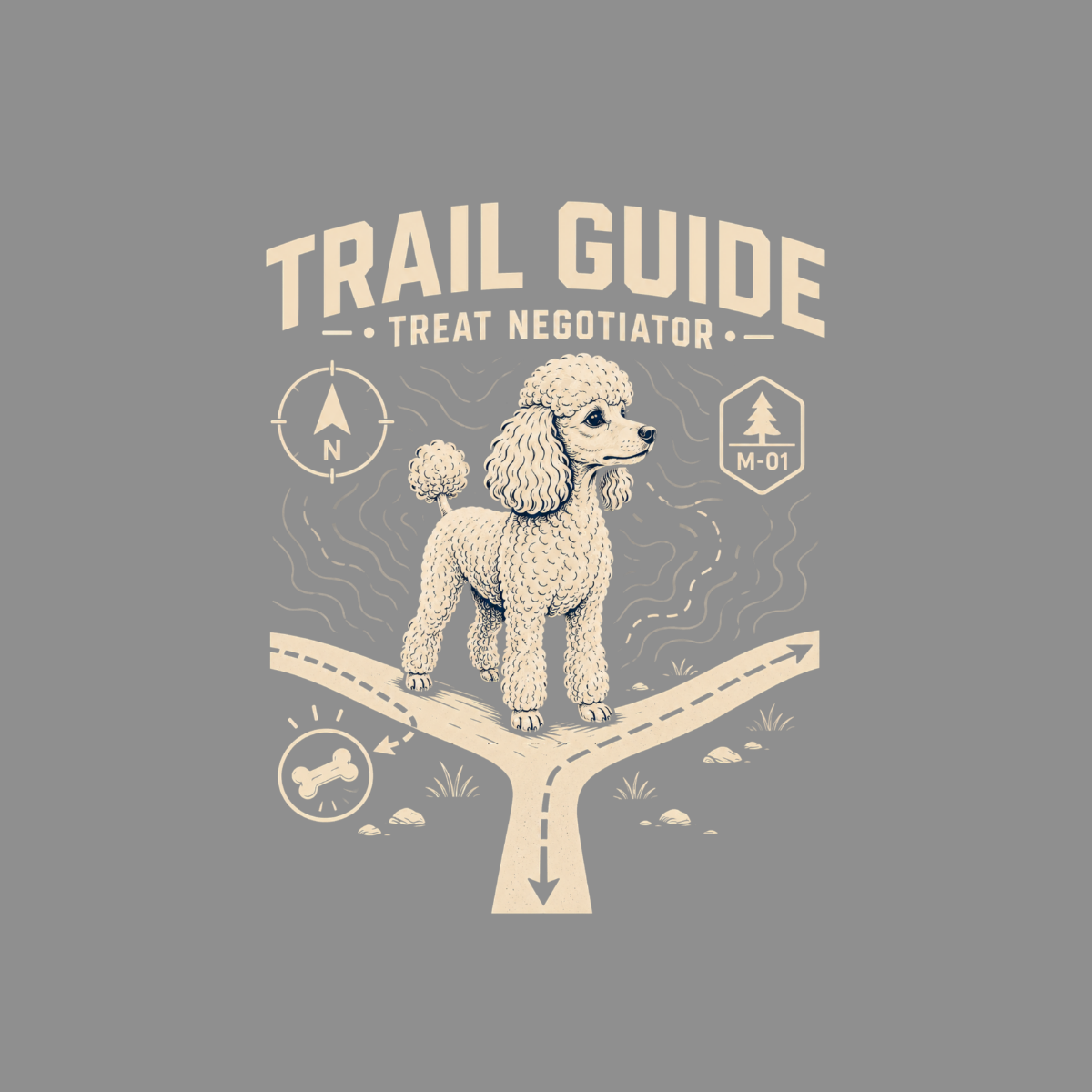 Poodle at a fork in the road with "Trail Guide" and "Treat Negotiator" text.