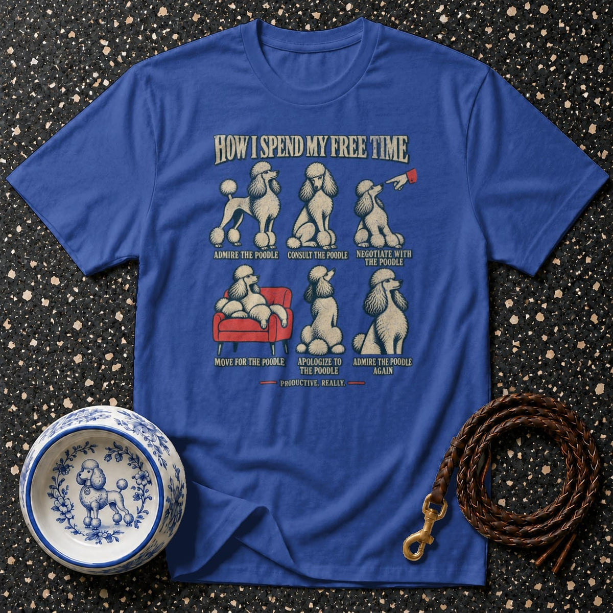 Blue t-shirt with "How I Spend My Free Time" and six poodle illustrations.