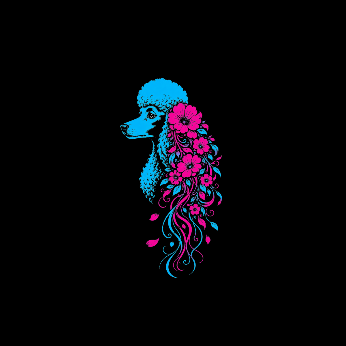 Stylized blue poodle head with pink and blue floral accents against black background.