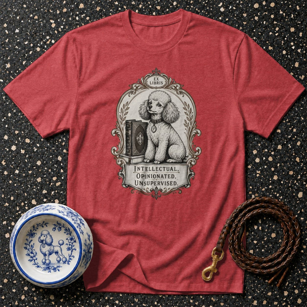 Red t-shirt with vintage poodle illustration and text "Intellectual, Opinionated, Unsupervised."