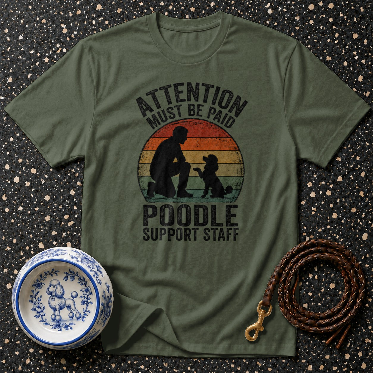 Green t-shirt with "Poodle Support Staff" graphic featuring a silhouette of a person and dog.