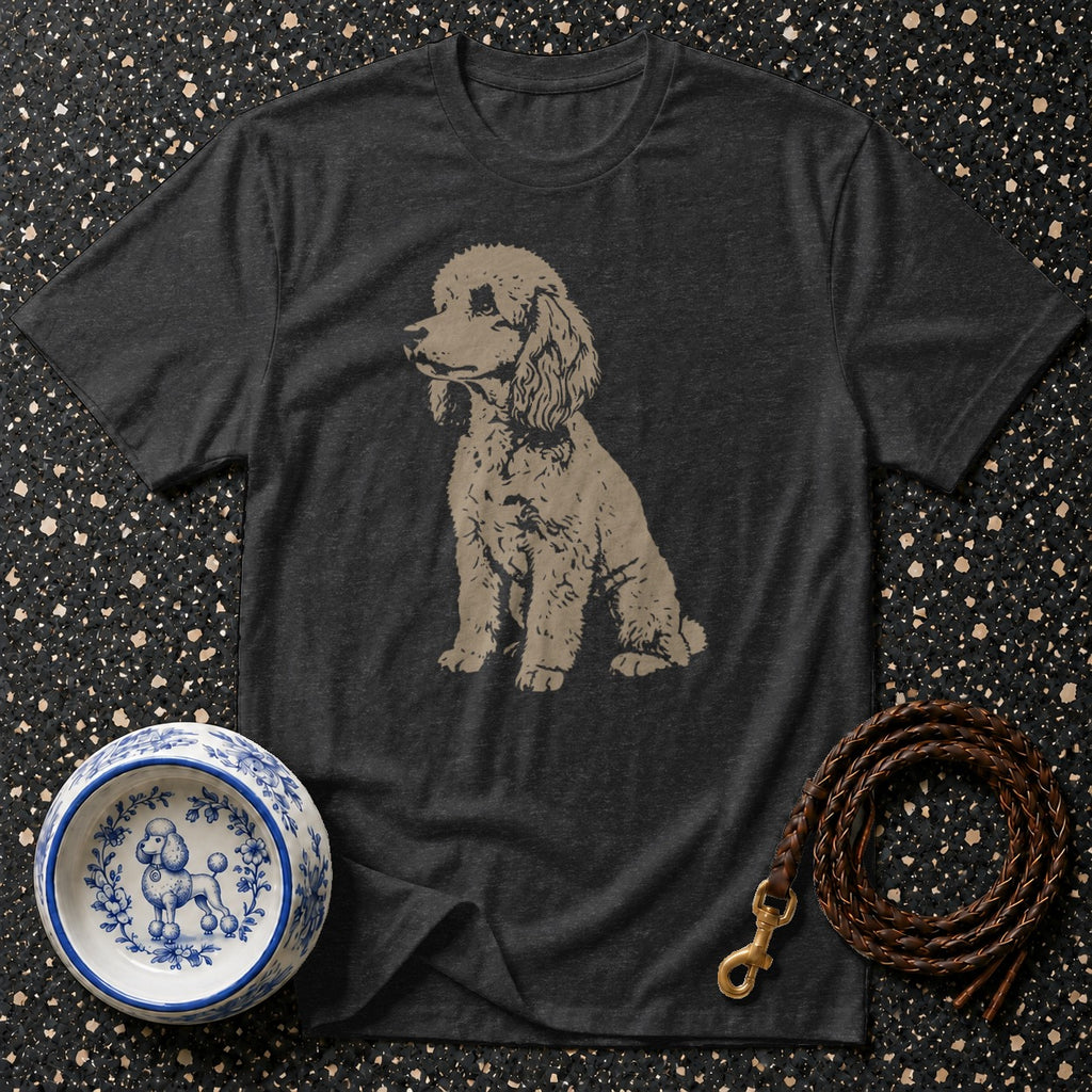 Dark grey t-shirt with a beige poodle graphic, alongside a blue and white patterned dog bowl and leather leash.