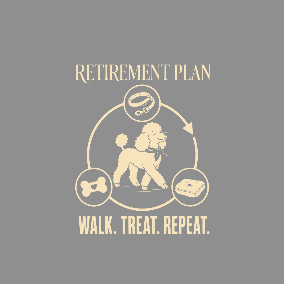 Retirement Plan: walk, treat, repeat with poodle, collar, bone, and dog bed icons.