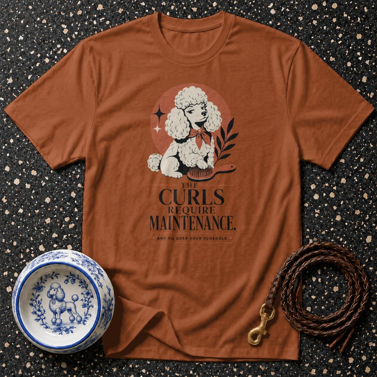 T-shirt with poodle graphic and text "The Curls Require Maintenance
