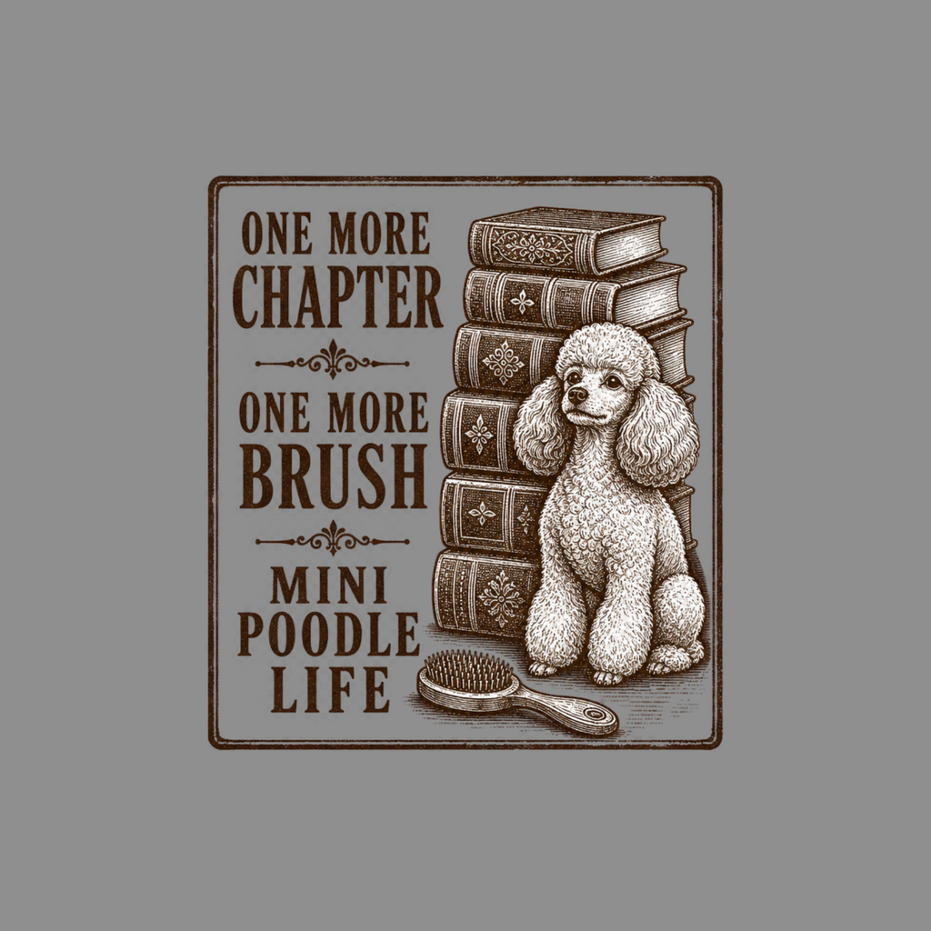Mini poodle sitting next to stacked books, with text: "One More Chapter, One More Brush, Mini Poodle Life".