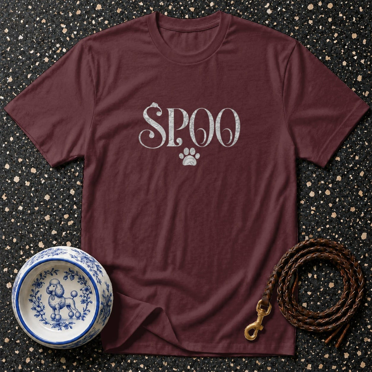 Maroon t-shirt with "SPOO" and a paw print graphic.