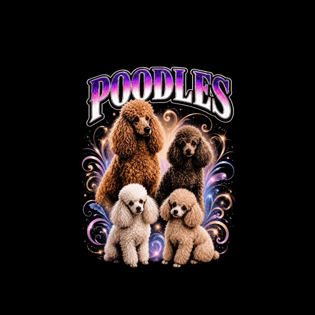 Four poodles of different sizes and colors beneath colorful text that reads "POODLES".