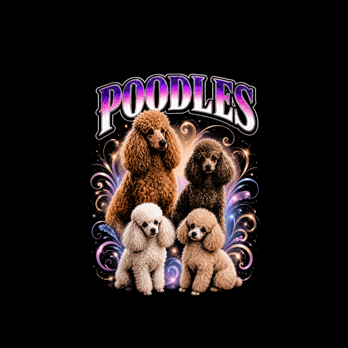 Four poodles of different sizes and colors beneath colorful text that reads "POODLES".