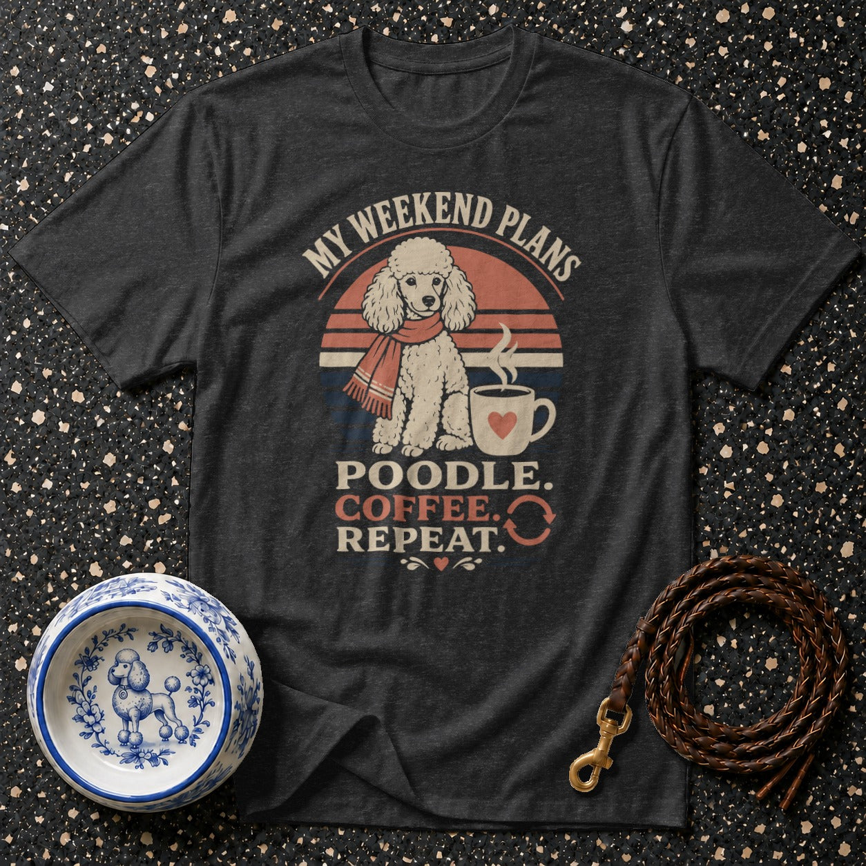 Dark t-shirt with poodle, coffee cup, and text "My Weekend Plans Poodle. Coffee. Repeat."