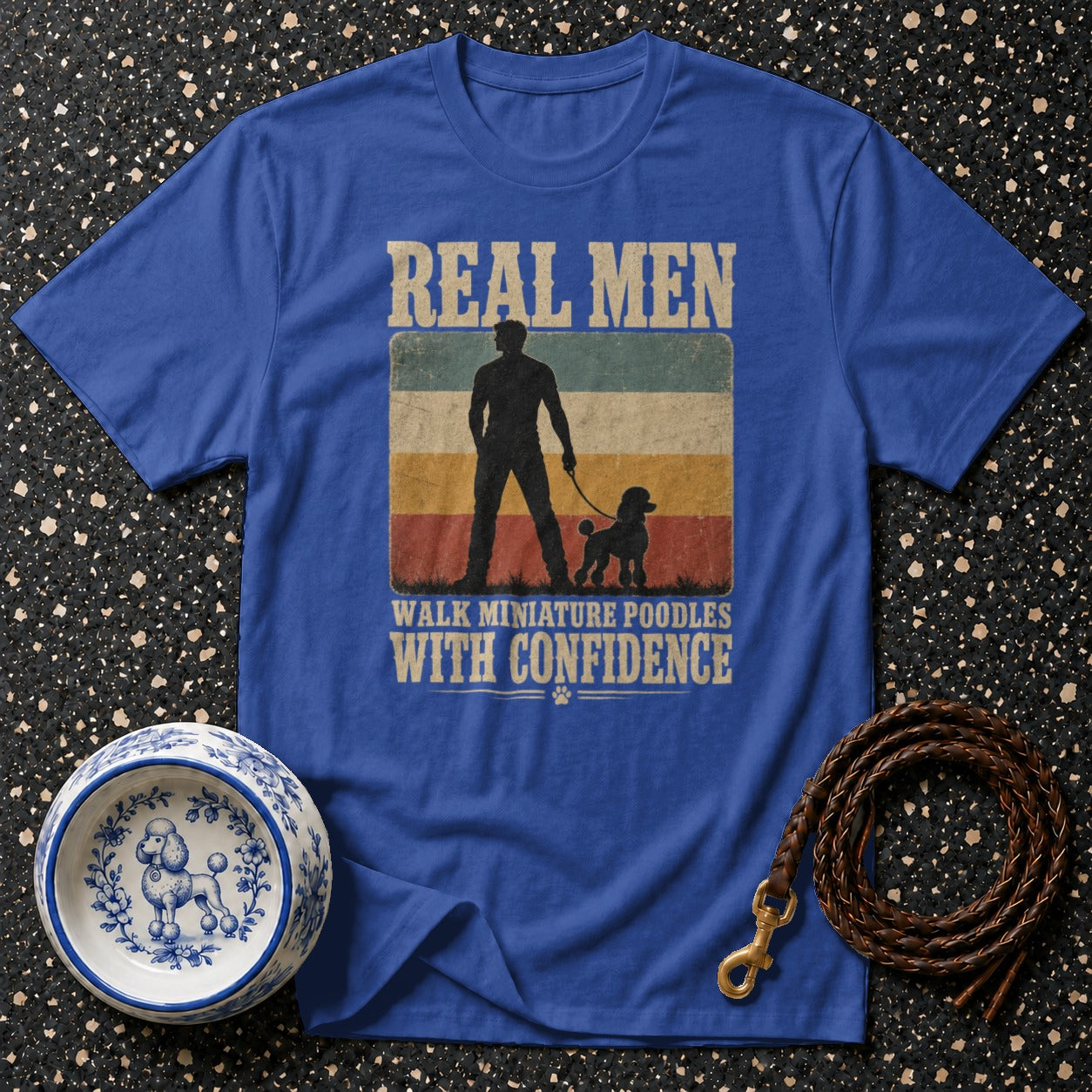 T-shirt with "Real Men Walk Miniature Poodles With Confidence" text and poodle graphic.