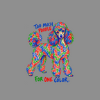 Poodle in red, blue, and green, with text "Too much poodle for one color."
