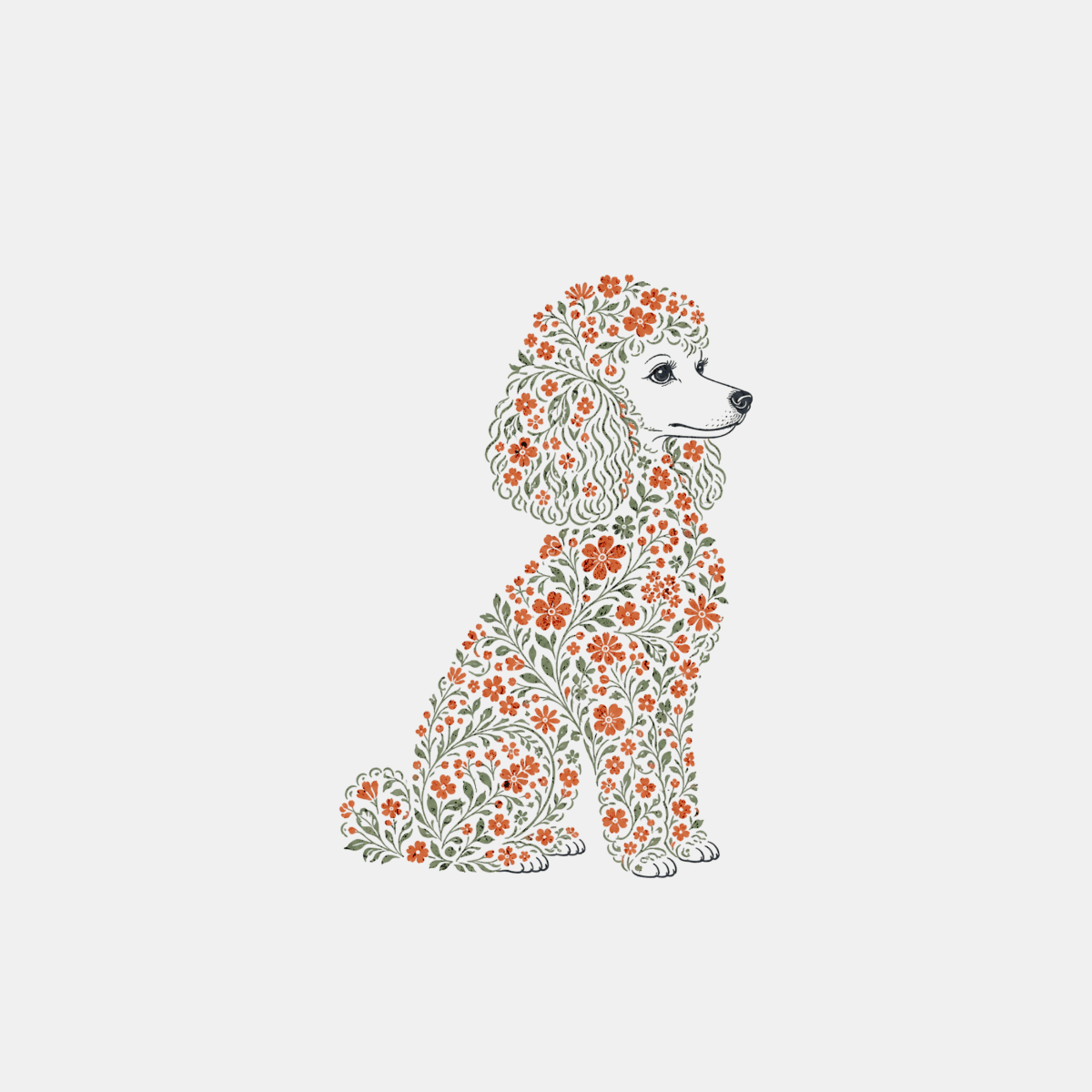 Poodle silhouette composed of red flowers and green leaves on a light gray background.