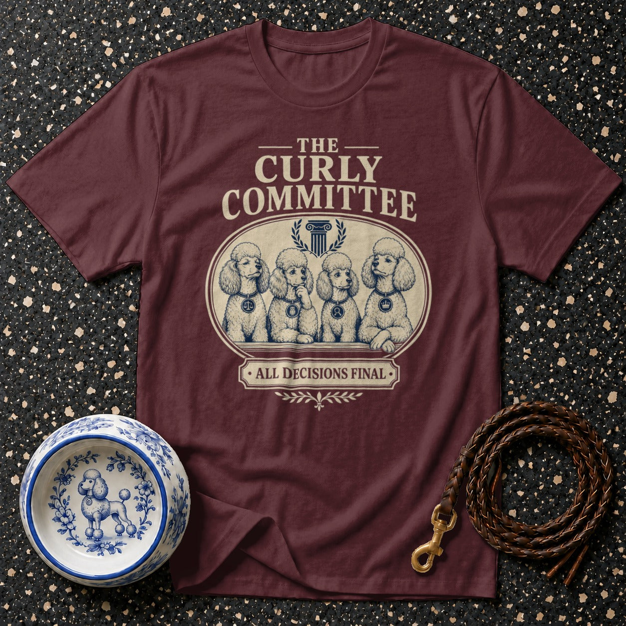 Burgundy t-shirt with "The Curly Committee" and four poodles wearing gavels and crowns.